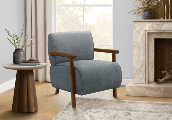 Accent Chair, 31″H, Upholstered, Living Room, Bedroom, Blue Fabric, Brown Walnut Solid Wood, Modern, Mid Century