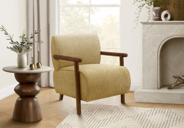 Accent Chair, 31″H, Upholstered, Living Room, Bedroom, Gold Fabric, Brown Walnut Solid Wood, Modern, Mid Century