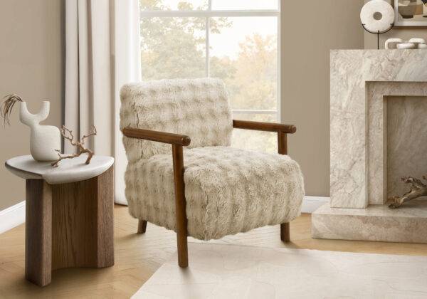 Accent Chair, 31″H, Upholstered, Living Room, Bedroom, Light Brown Fabric, Brown Walnut Solid Wood, Modern, Mid Century
