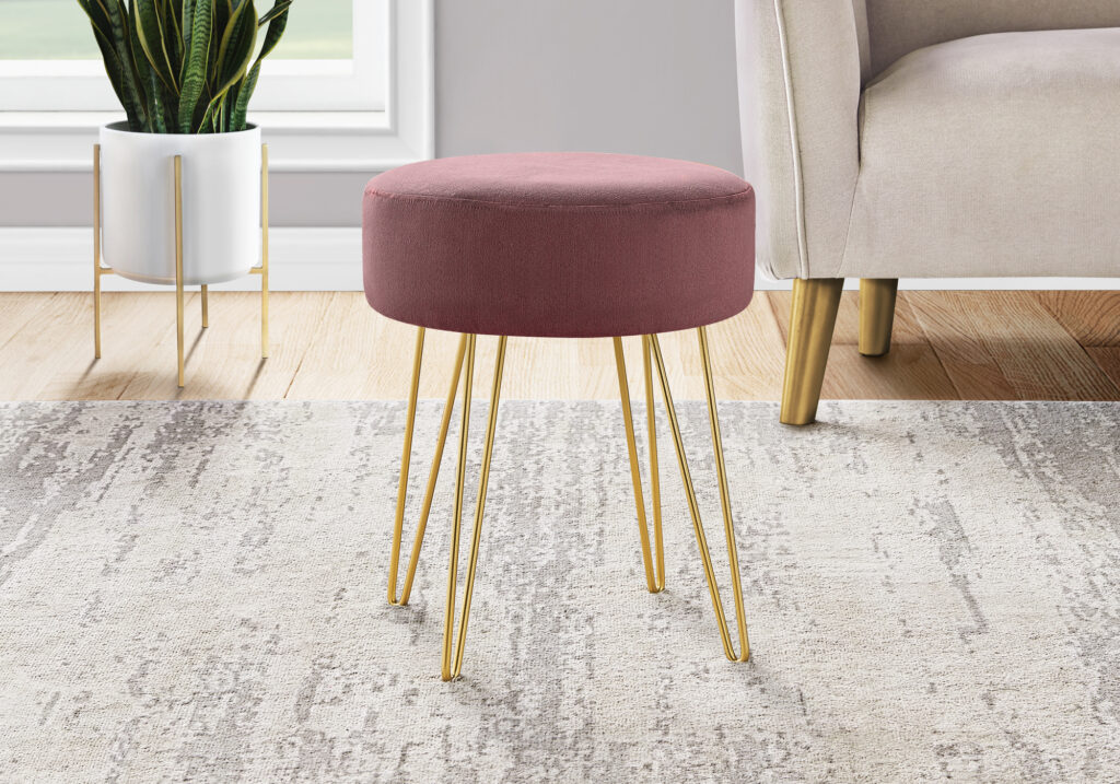 Ottoman, Pouf, Footrest, Foot Stool, 14″ Round, Pink Fabric, Gold Metal Legs, Contemporary, Modern