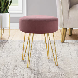 Ottoman, Pouf, Footrest, Foot Stool, 14" Round, Pink Fabric, Gold Metal Legs, Contemporary, Modern