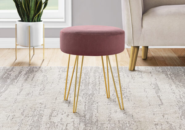 Ottoman, Pouf, Footrest, Foot Stool, 14″ Round, Pink Fabric, Gold Metal Legs, Contemporary, Modern