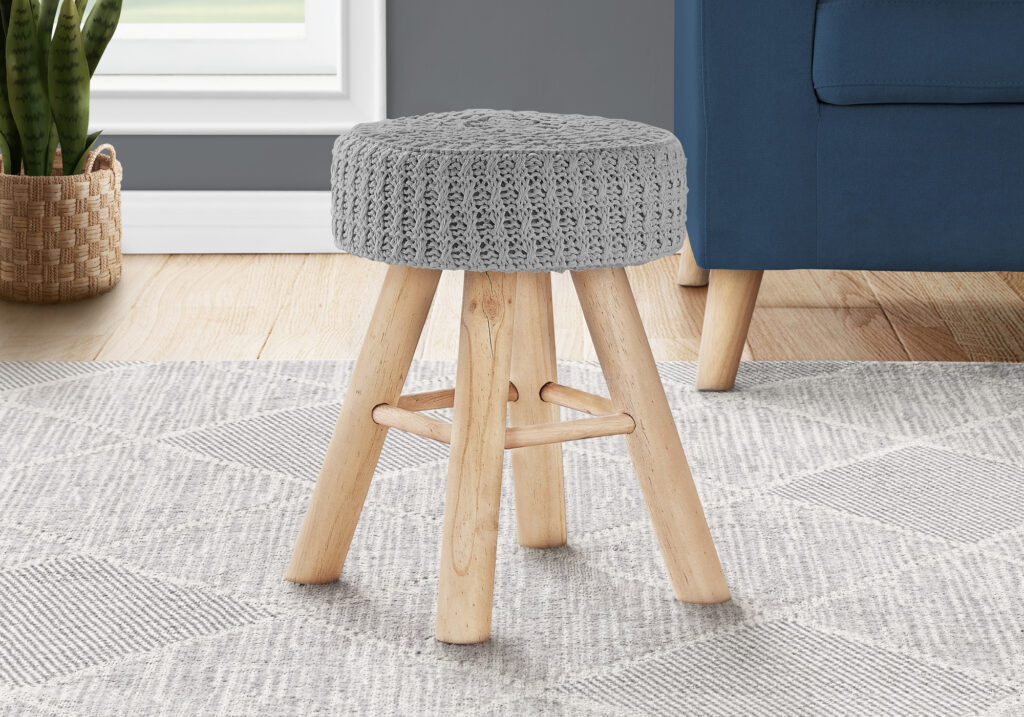 Ottoman, Pouf, Footrest, Foot Stool, 12″ Round, Grey Velvet, Natural Wood Legs, Contemporary, Modern