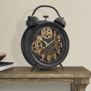 Clocks, 12" Round, Gear Mechanism, Table Clock, Brown, Transitional