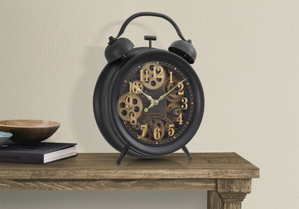 Clocks, 12″ Round, Gear Mechanism, Table Clock, Brown, Transitional