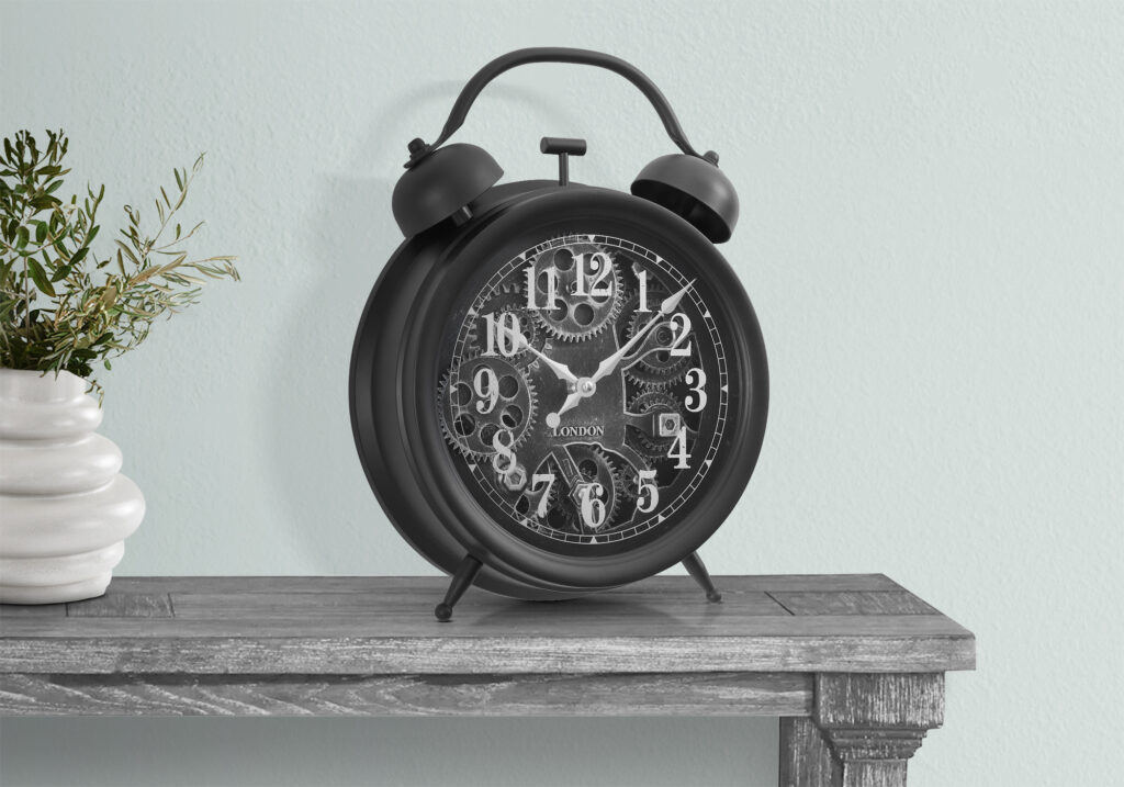 Clocks, 12″ Round, Gear Mechanism, Table Clock, Black, Transitional