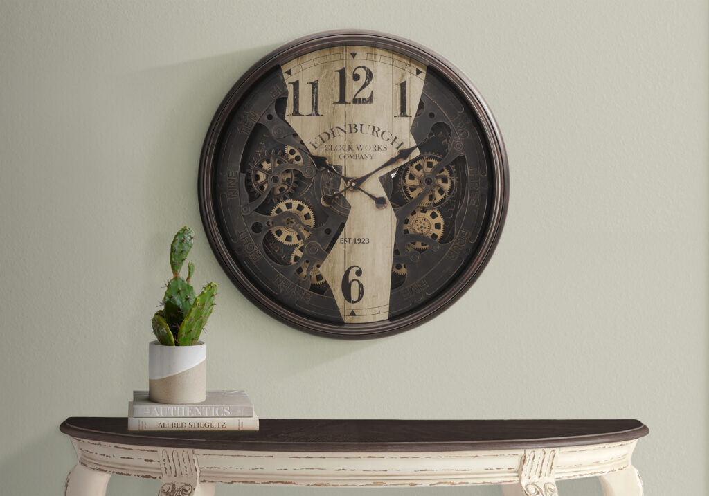 Clocks, 30″ Round, Wall Clock, Gear Mechanism, Brown, Transitional