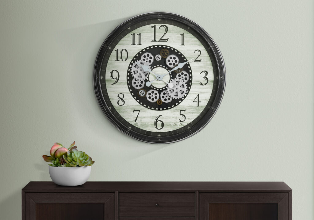 Clocks, 30″ Round, Gear Mechanism, Large Oversized, Wall Clock, Brown, Transitional