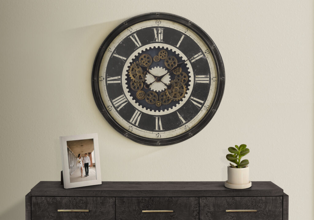 Clocks, 30″ Round, Gear Mechanism, Large Oversized, Wall Clock, Brown, Transitional