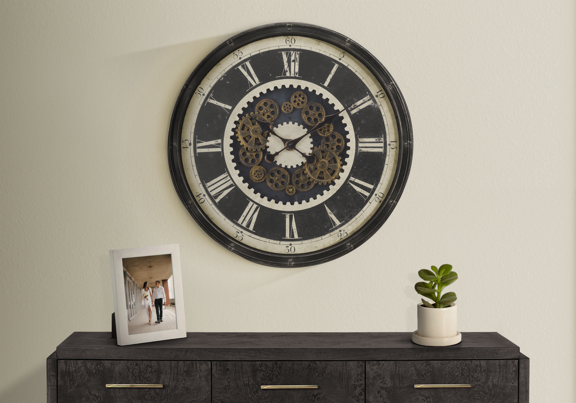Clocks, 30″ Round, Gear Mechanism, Large Oversized, Wall Clock, Brown, Transitional