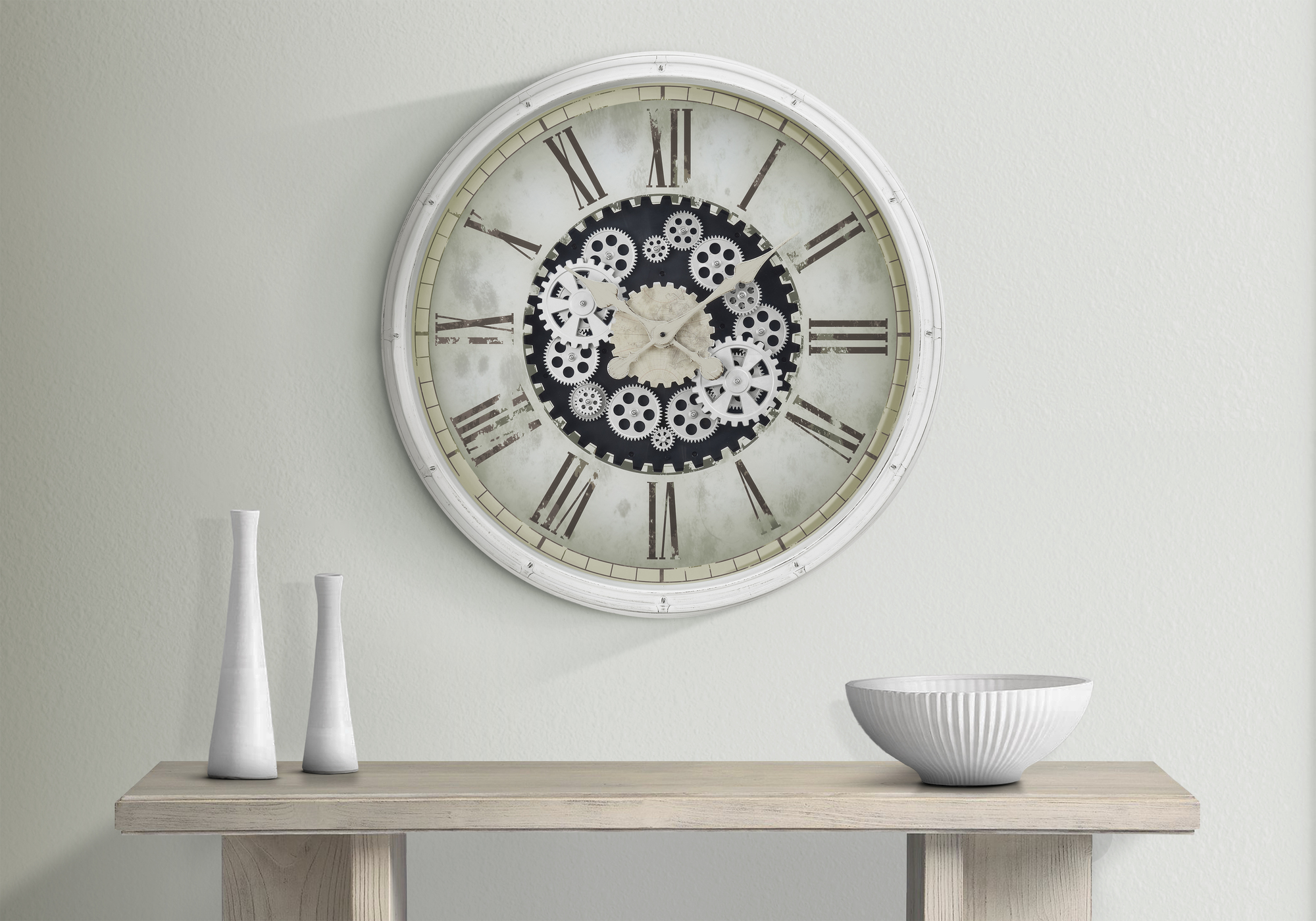 Clocks, 30″ Round, Gear Mechanism, Large Oversized, Wall Clock, White, Transitional