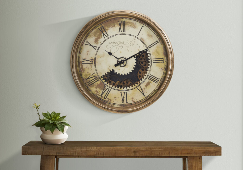 Clocks, 30″ Round, Gear Mechanism, Large Oversized, Wall Clock, Antique Gold, Transitional