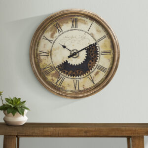 Clocks, 30" Round, Gear Mechanism, Large Oversized, Wall Clock, Antique Gold, Transitional
