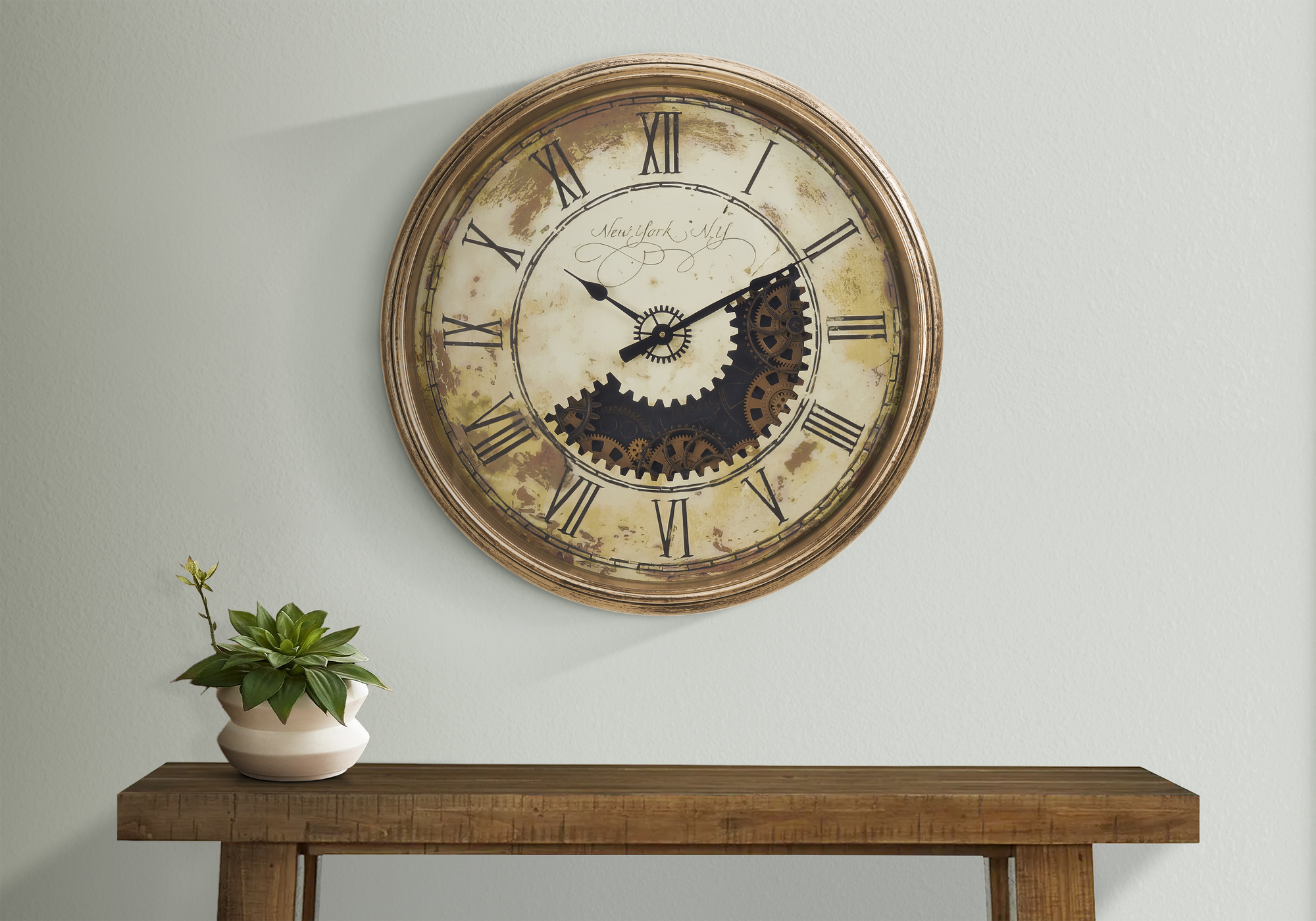 Clocks, 30″ Round, Gear Mechanism, Large Oversized, Wall Clock, Antique Gold, Transitional