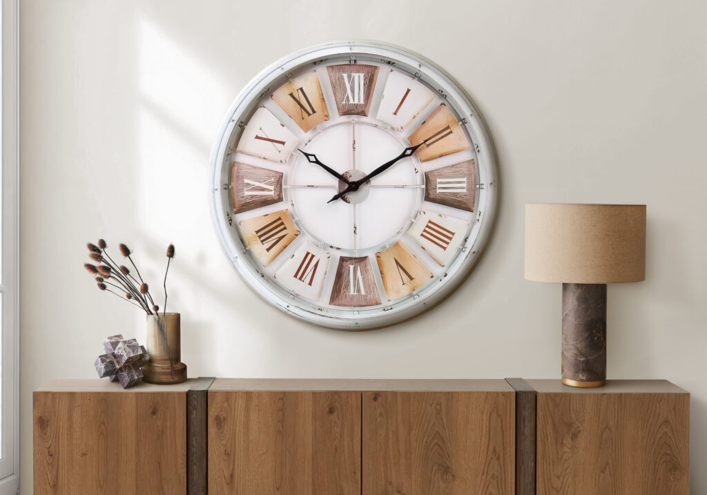 Clocks, 30″ Round, Large Oversized, Wall Clock, Antique White, Natural, Transitional