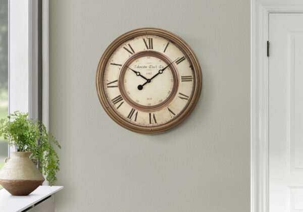 Clocks, 20″ Round, Wall Clock, Antique Brown, Transitional