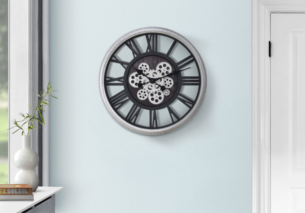 Clocks, 20″ Round, Gear Mechanism, Wall Clock, Black, Silver, Transitional