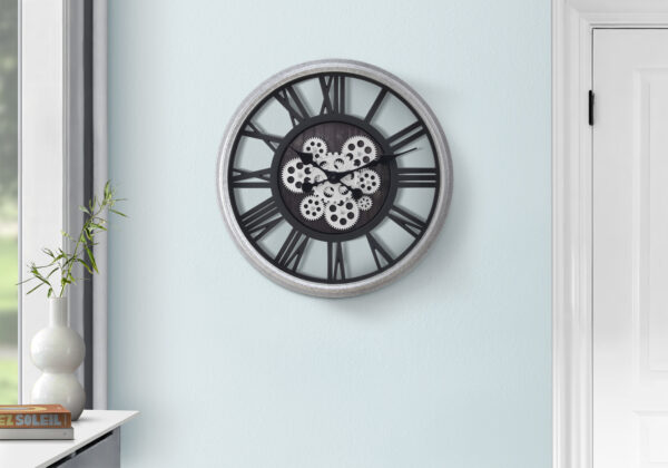 Clocks, 20″ Round, Gear Mechanism, Wall Clock, Black, Silver, Transitional