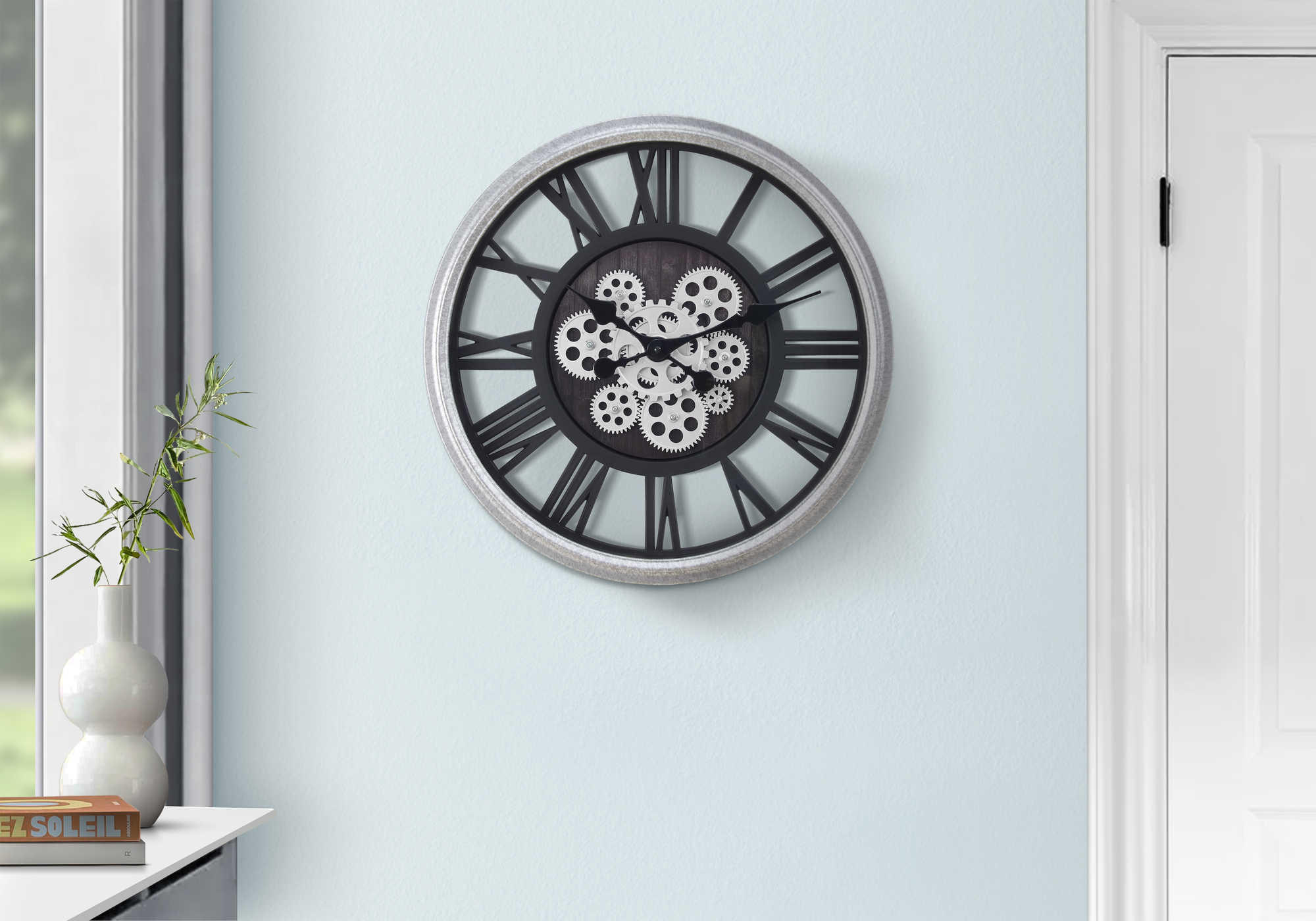 Clocks, 20″ Round, Gear Mechanism, Wall Clock, Black, Silver, Transitional
