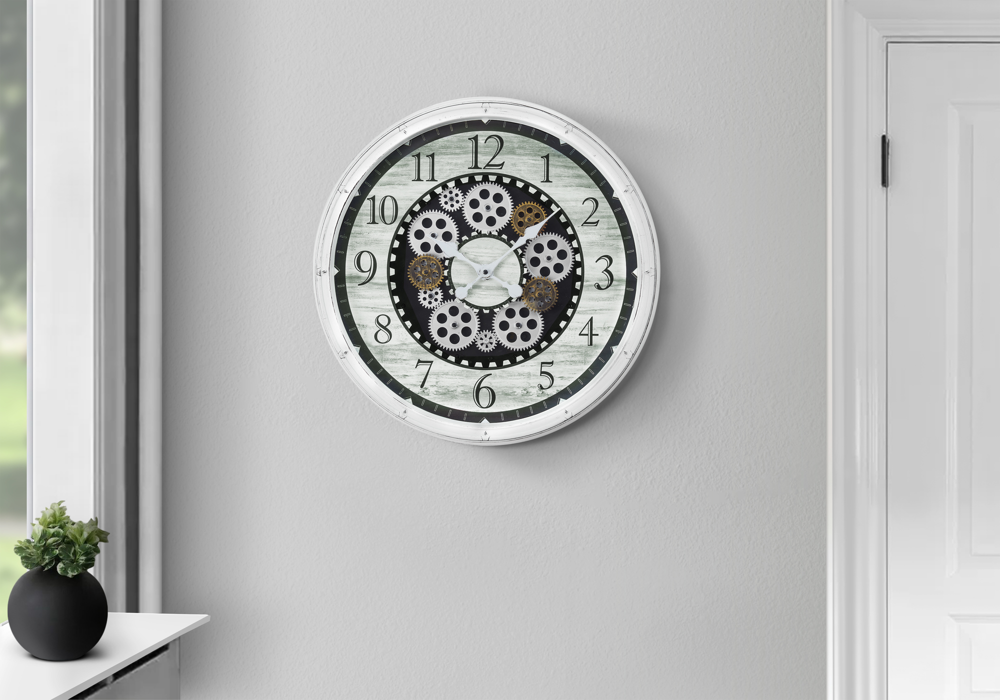Clocks, 20″ Round, Gear Mechanism, Wall Clock, Antique White, Transitional