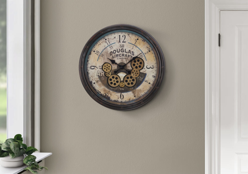 Clocks, 20″ Round, Gear Mechanism, Wall Clock, Brown, Transitional