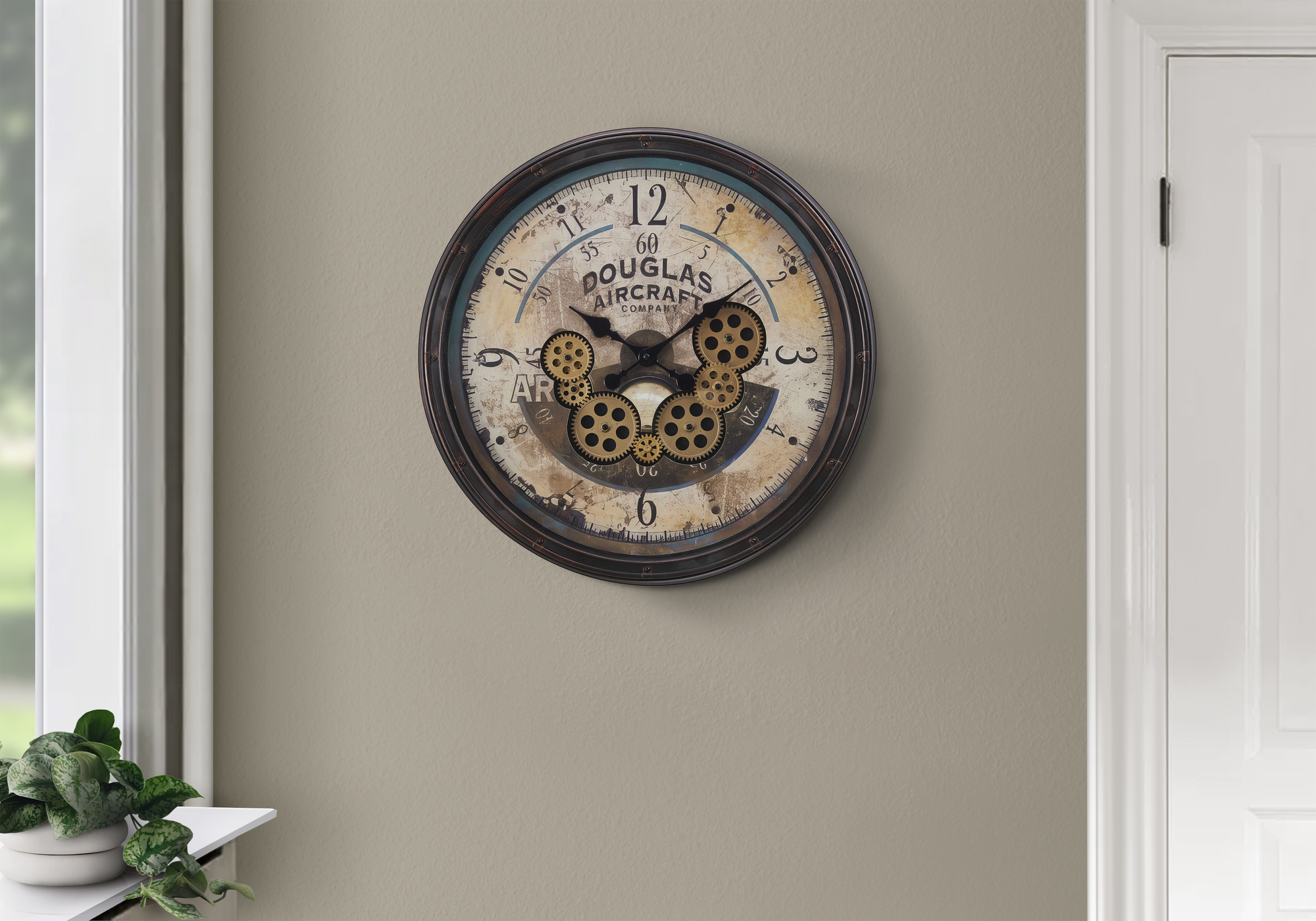 Clocks, 20″ Round, Gear Mechanism, Wall Clock, Brown, Transitional