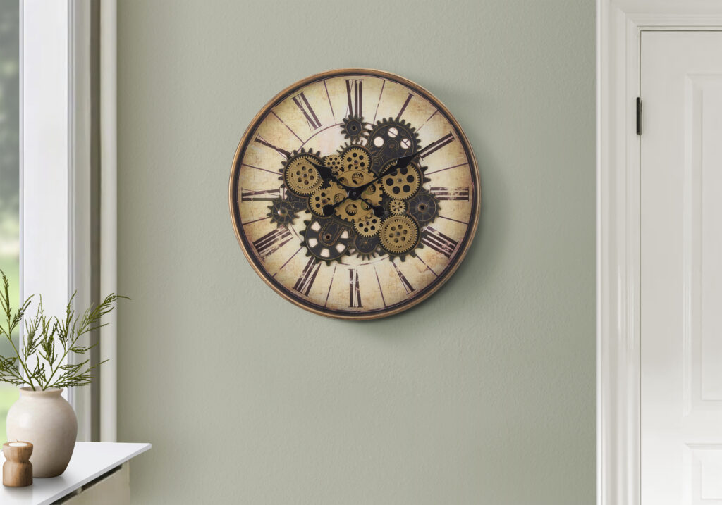 Clocks, 20″ Round, Gear Mechanism, Wall Clock, Brown, Transitional
