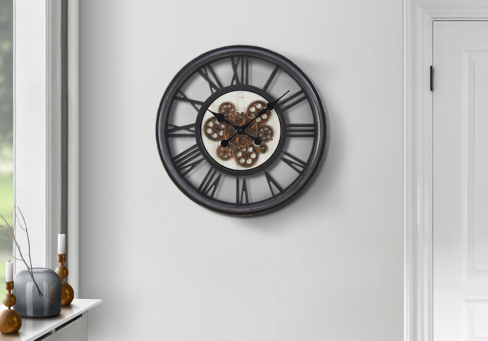 Clocks, 20″ Round, Gear Mechanism, Wall Clock, Black, Transitional