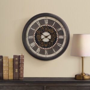 Clocks, 23" Round, Gear Mechanism, Wall Clock, Brown, Transitional