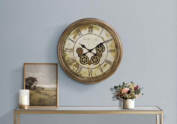 Clocks, 23″ Round, Gear Mechanism, Wall Clock, Antique Brown, Transitional