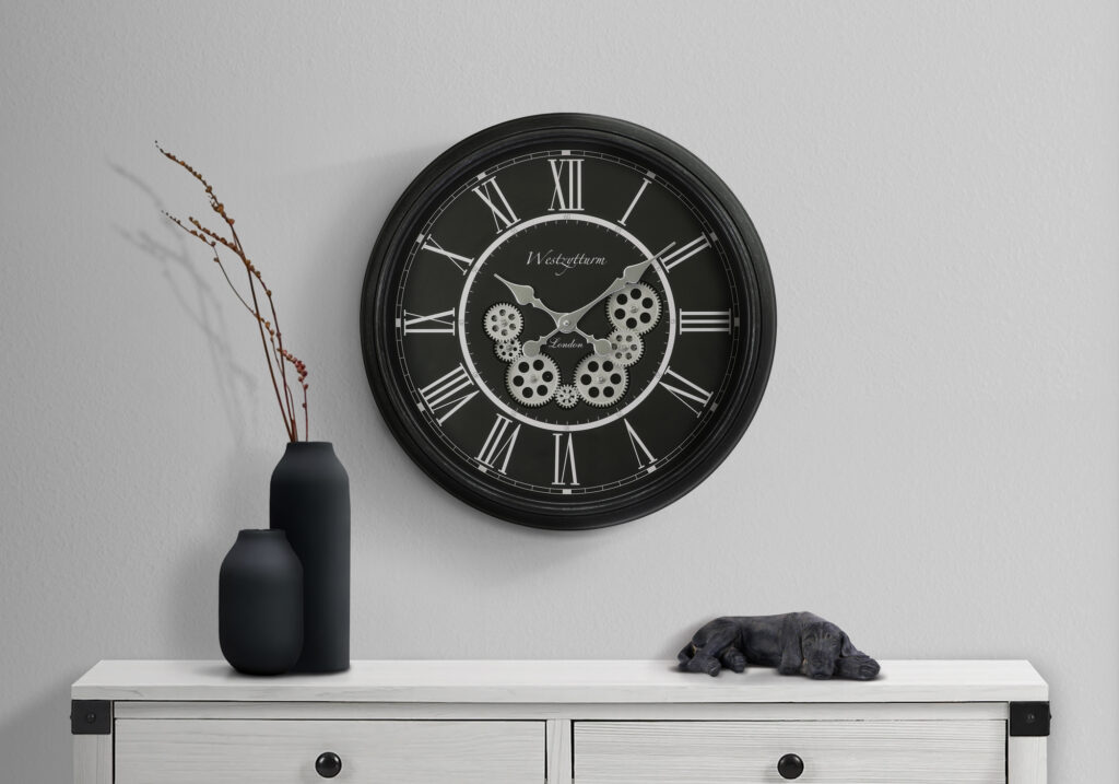 Clocks, 23″ Round, Gear Mechanism, Wall Clock, Black, Transitional