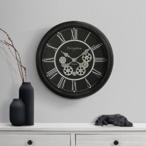 Clocks, 23" Round, Gear Mechanism, Wall Clock, Black, Transitional