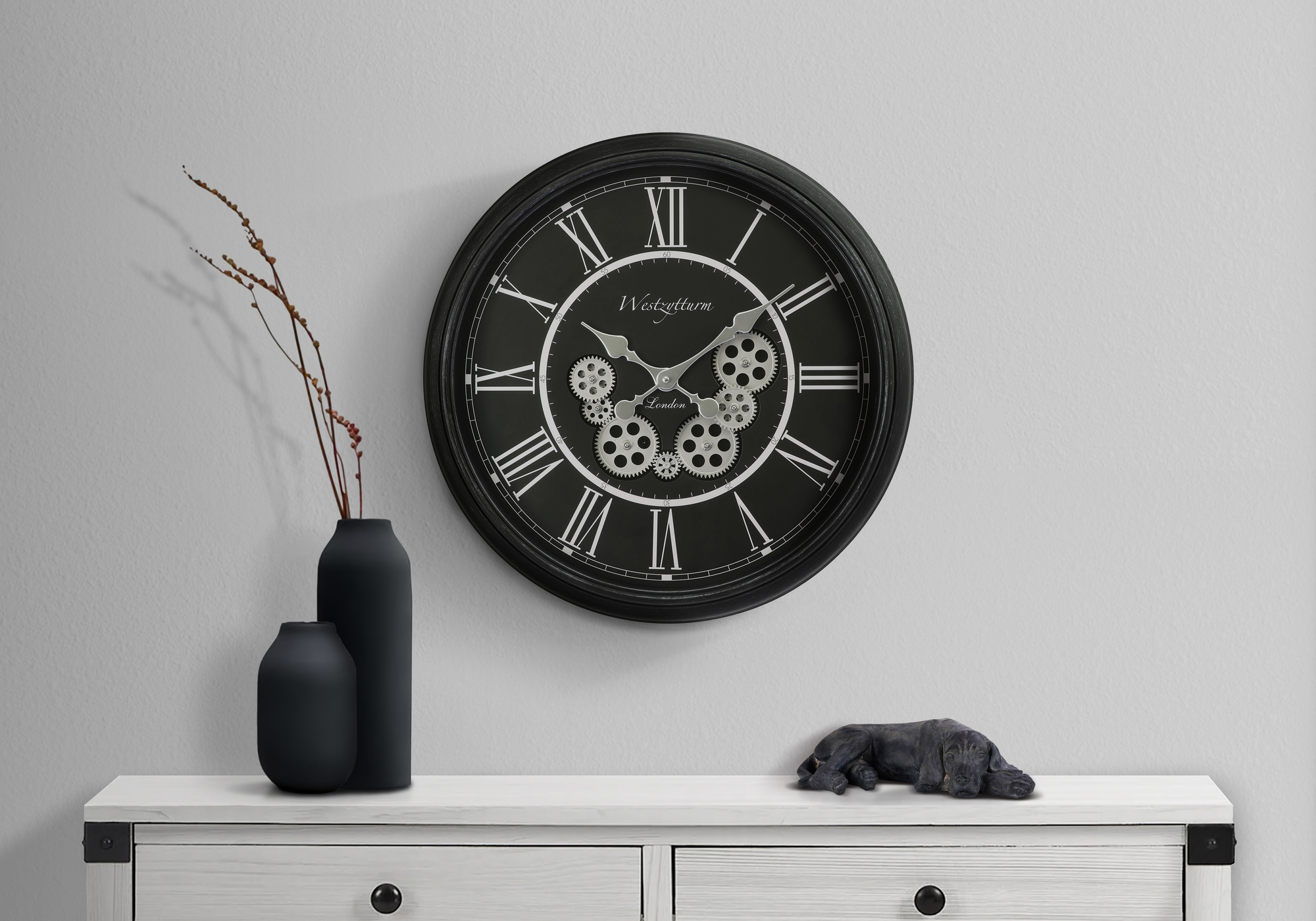Clocks, 23″ Round, Gear Mechanism, Wall Clock, Black, Transitional