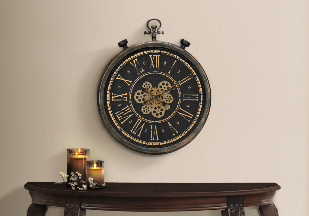 Clocks, 24″ Round, Gear Mechanism, Wall Clock, Brown, Transitional