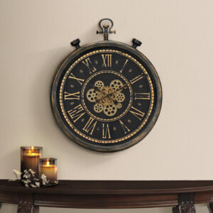 Clocks, 24" Round, Gear Mechanism, Wall Clock, Brown, Transitional