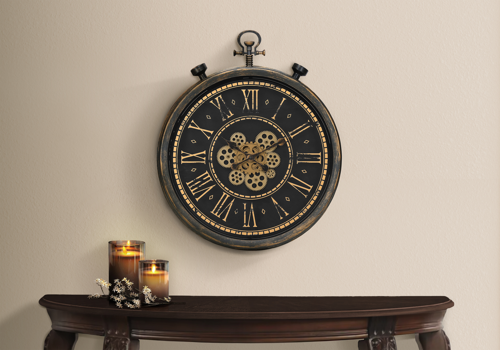 Clocks, 24″ Round, Gear Mechanism, Wall Clock, Brown, Transitional