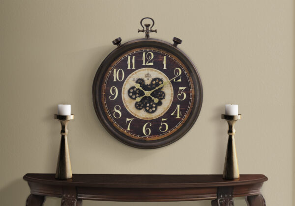 Clocks, 24″ Round, Gear Mechanism, Wall Clock, Brown, Traditional