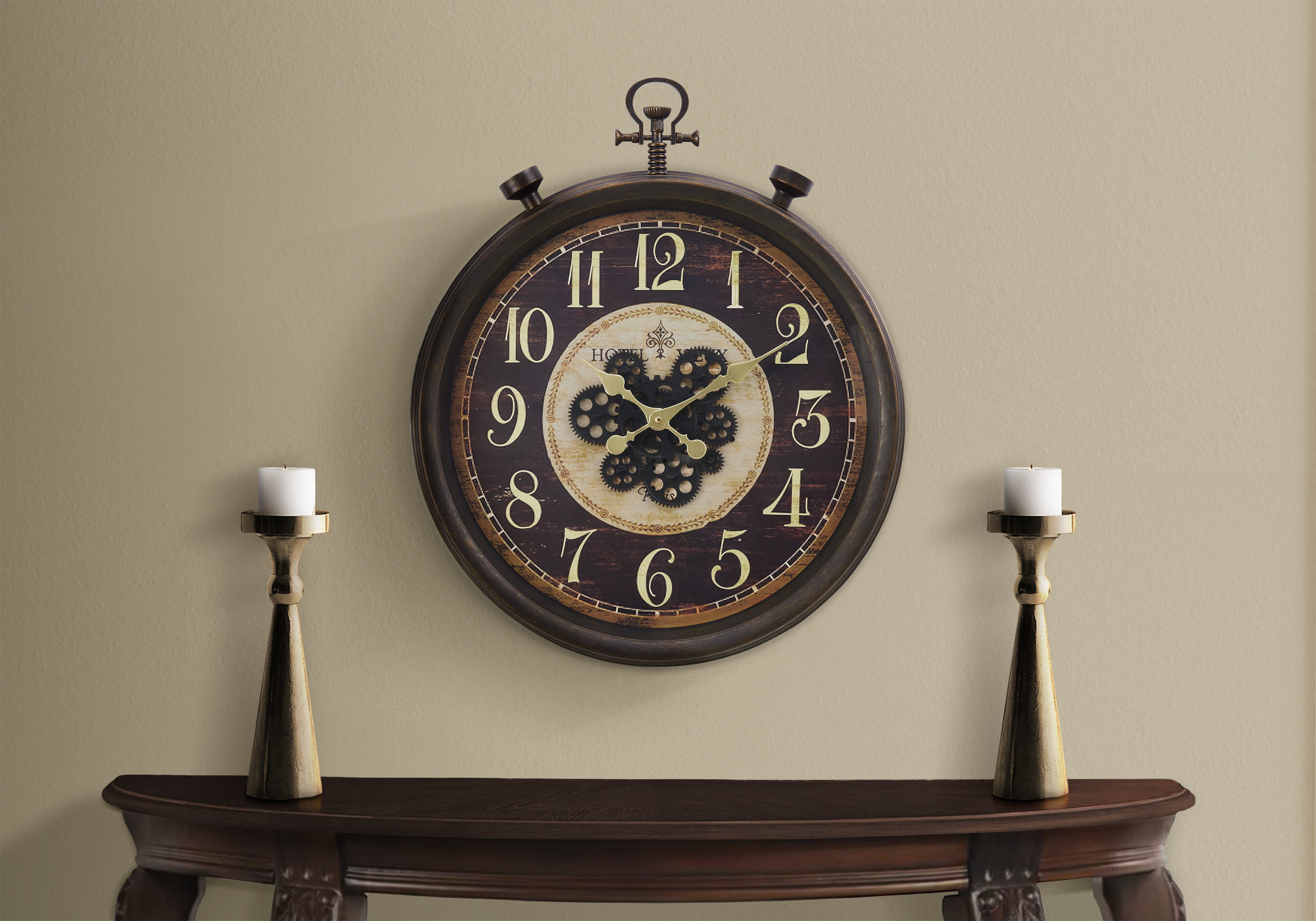Clocks, 24″ Round, Gear Mechanism, Wall Clock, Brown, Traditional