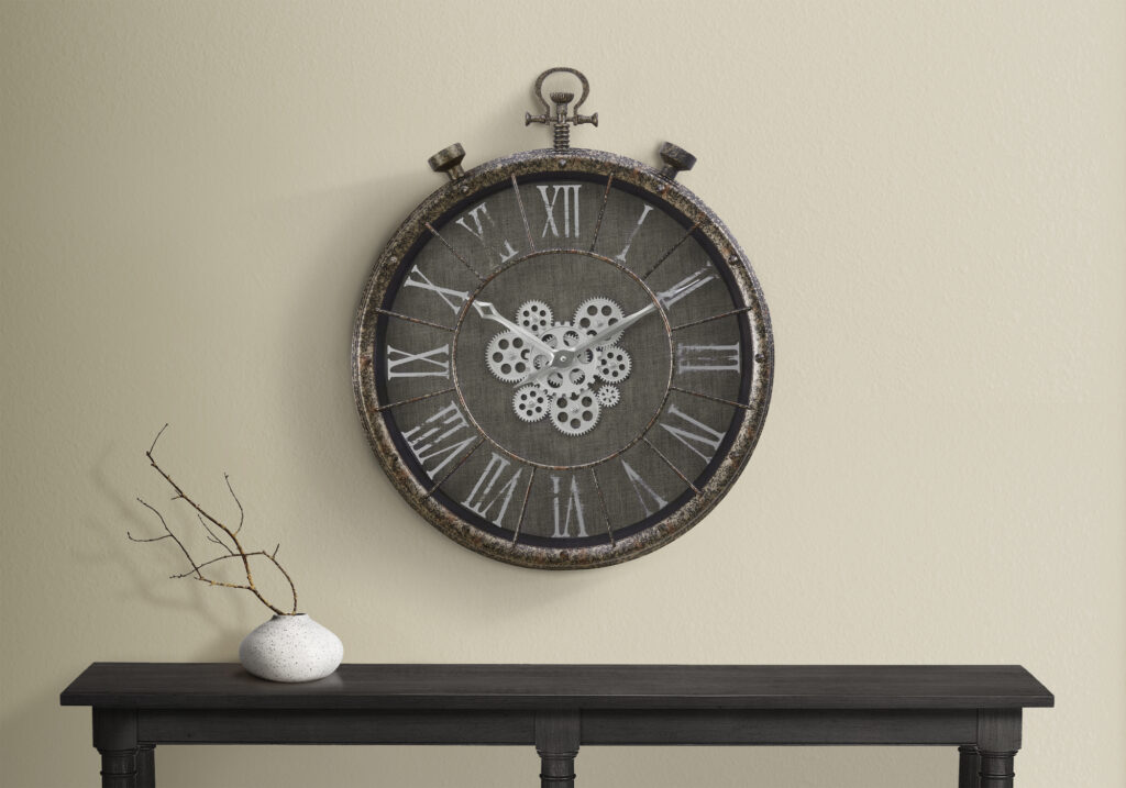 Clocks, 24″ Round, Gear Mechanism, Wall Clock, Grey, Transitional