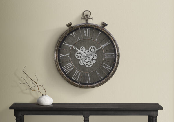 Clocks, 24″ Round, Gear Mechanism, Wall Clock, Grey, Transitional