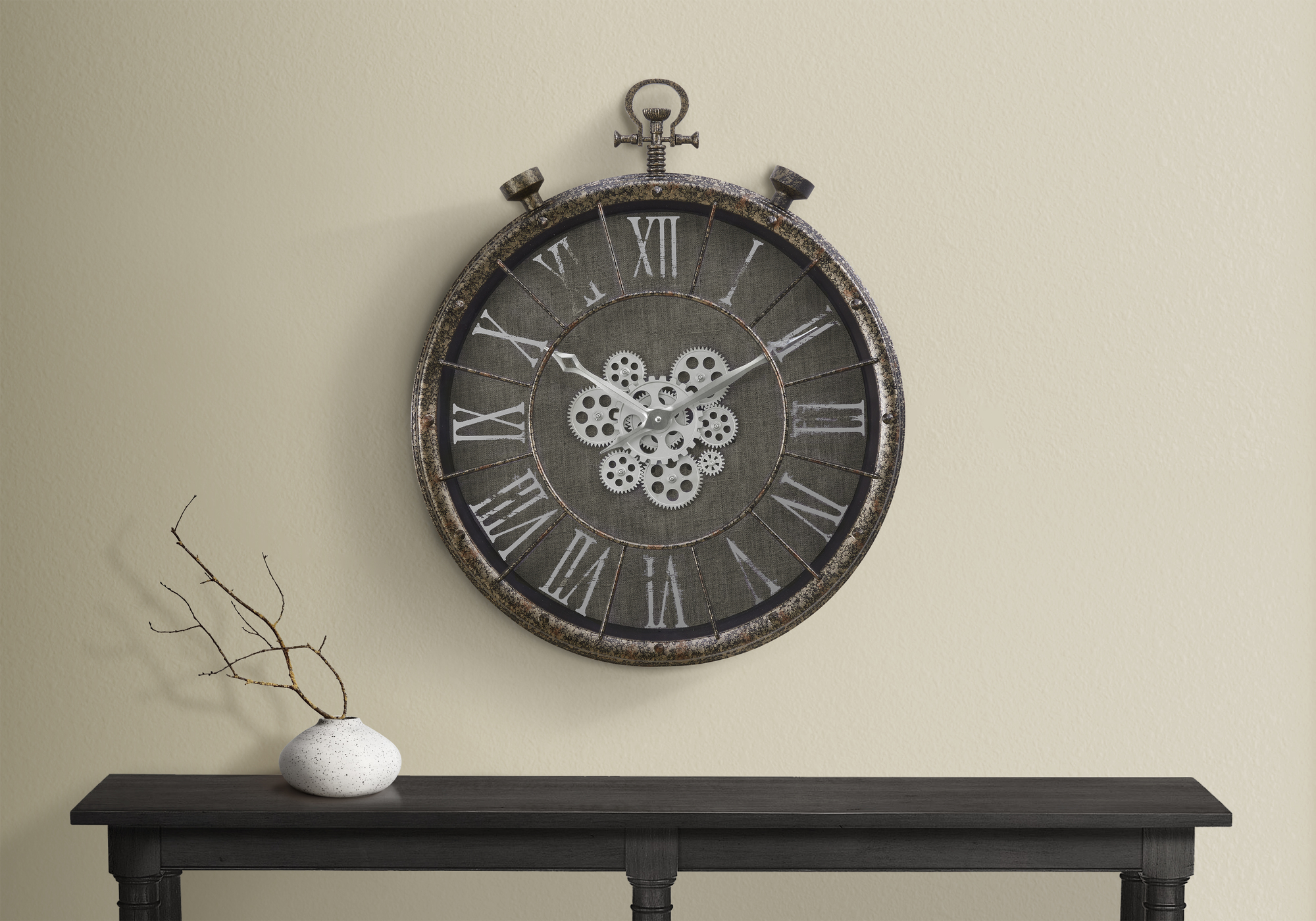 Clocks, 24″ Round, Gear Mechanism, Wall Clock, Grey, Transitional
