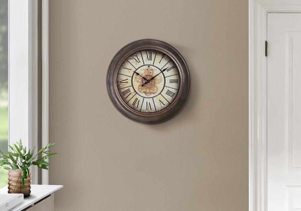 Clocks, 15″ Round, Wall Clock, Antique Brown, Transitional
