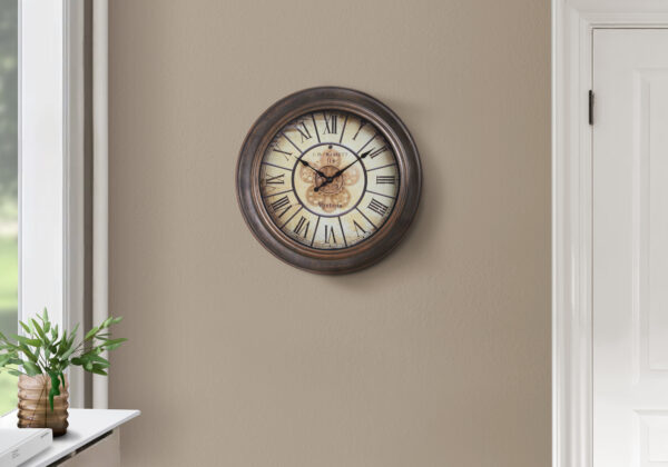 Clocks, 15″ Round, Wall Clock, Antique Brown, Transitional