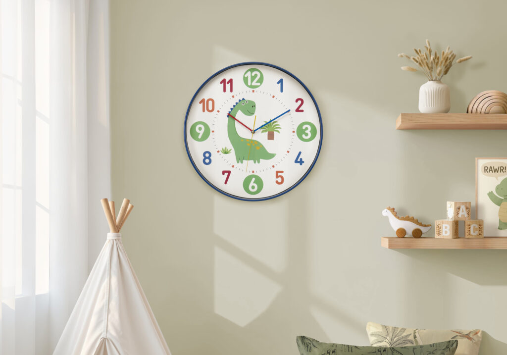Clocks, 18″ Round, Juvenile, Wall Clock, Multi-colored Face, Blue Frame, Contemporary, Modern