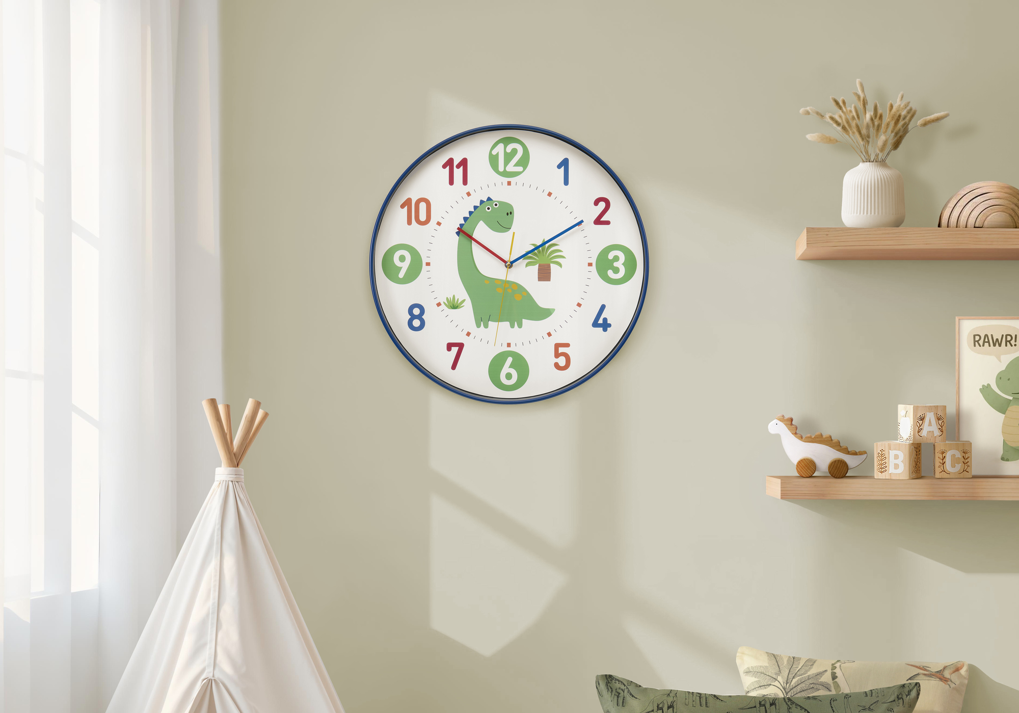 Clocks, 18″ Round, Juvenile, Wall Clock, Multi-colored Face, Blue Frame, Contemporary, Modern