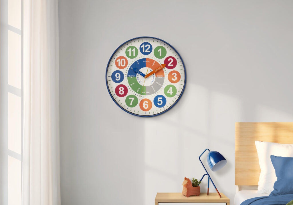 Clocks, 18″ Round, Juvenile, Wall Clock, Multi-colored Face, Blue Frame, Contemporary, Modern