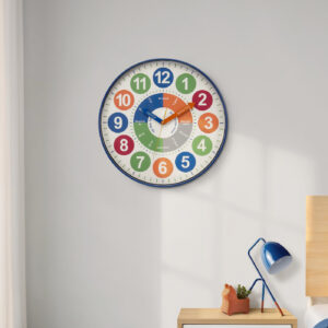 Clocks, 18" Round, Juvenile, Wall Clock, Multi-colored Face, Blue Frame, Contemporary, Modern