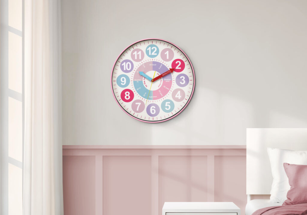 Clocks, 18″ Round, Juvenile, Wall Clock, Multi-colored Face, Pink Frame, Contemporary, Modern
