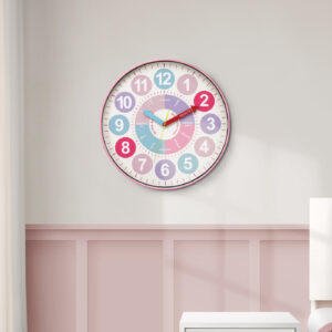 Clocks, 18" Round, Juvenile, Wall Clock, Multi-colored Face, Pink Frame, Contemporary, Modern