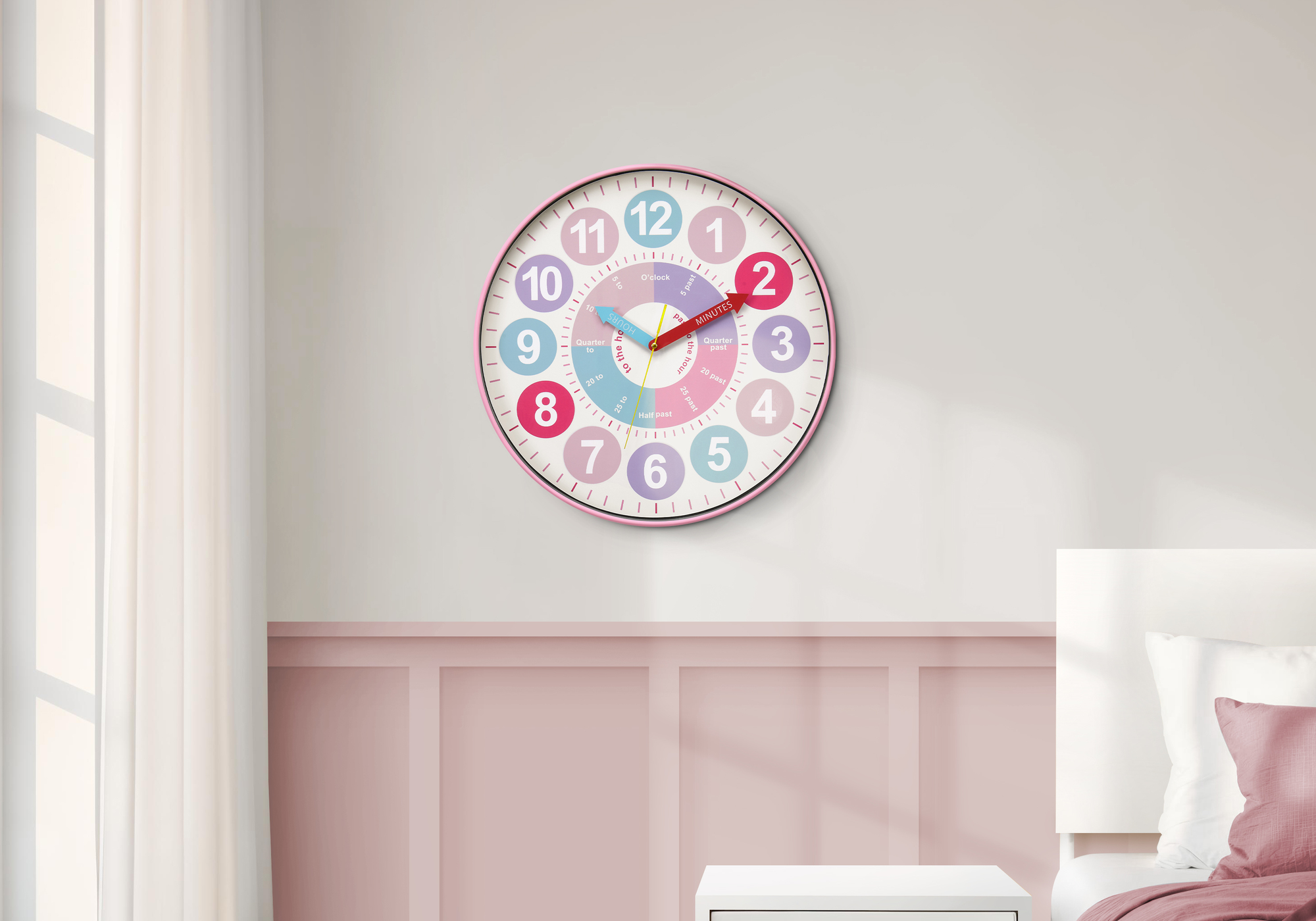 Clocks, 18″ Round, Juvenile, Wall Clock, Multi-colored Face, Pink Frame, Contemporary, Modern